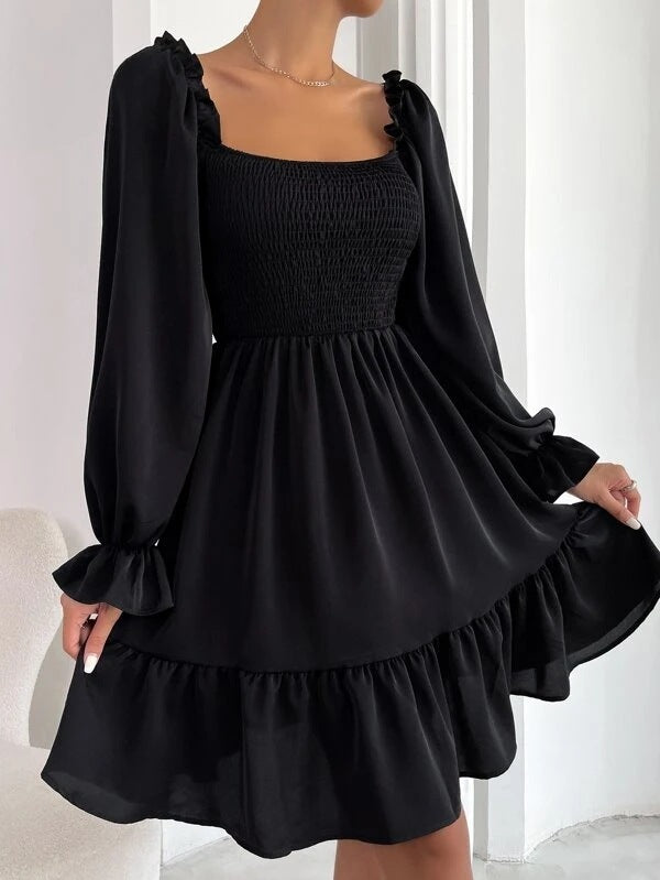 Flared Long Sleeve Dresses - Women Square Neck Ruffled Swing Dress