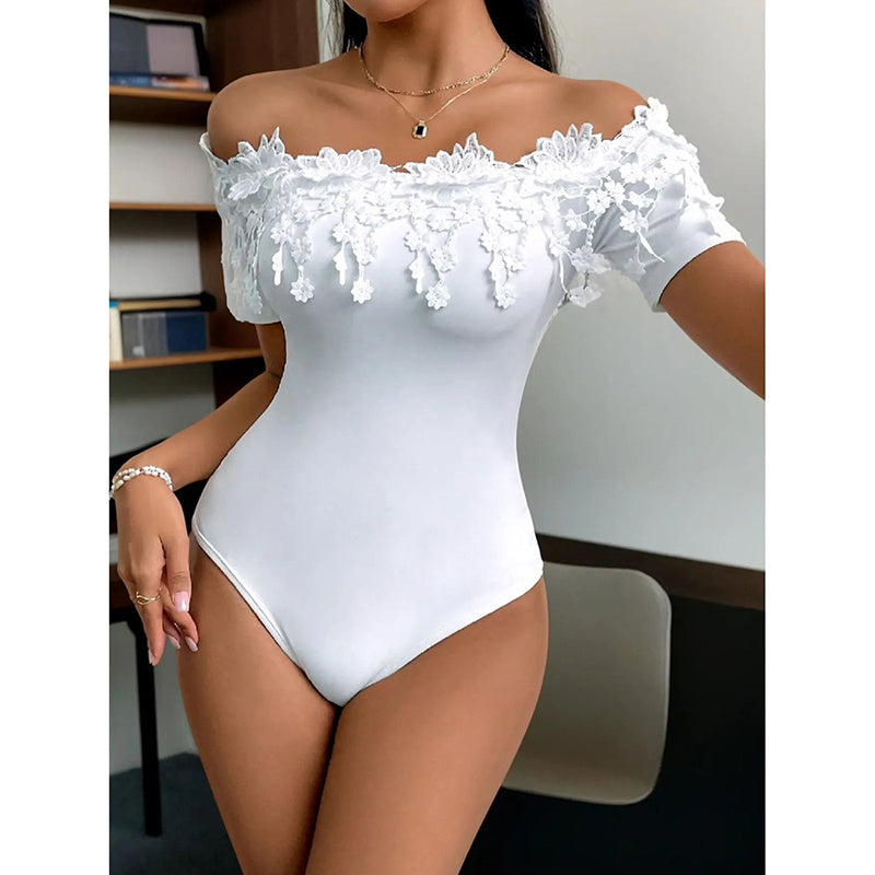 Sexy Lace design Body Suit - Women's Off Shoulder Short Sleeve Bodysuit Sexy Lace Bodycon Top