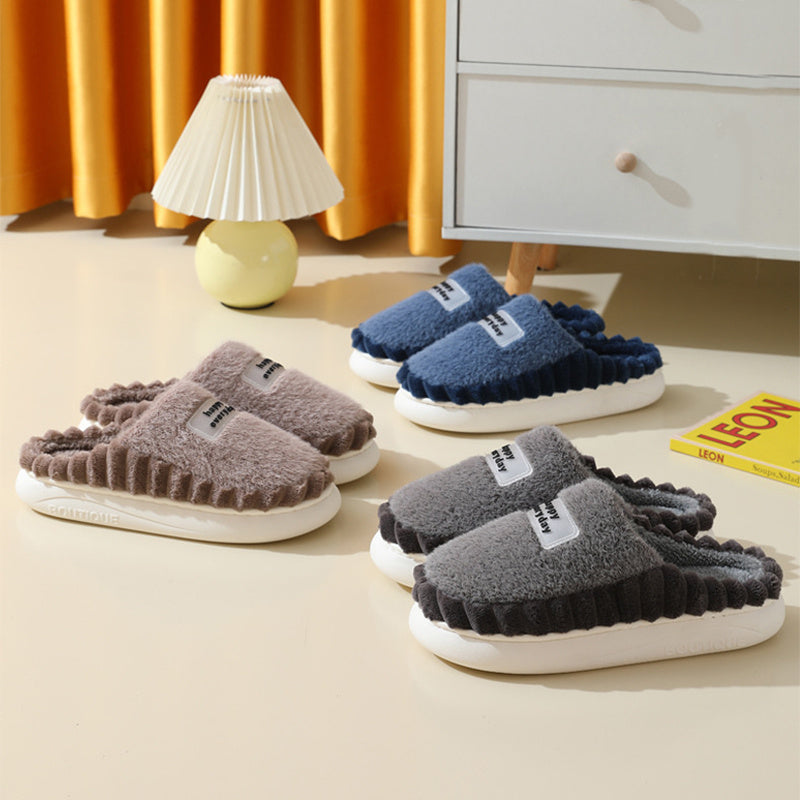 Home Slippers For Men -- Thick-soled, Color-block Letters Fluffy Fleece  House Shoes