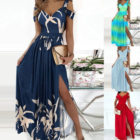 V-neck Boho Spaghetti Strap Dress - Women Split Long Flowy Dresses For Party Beach