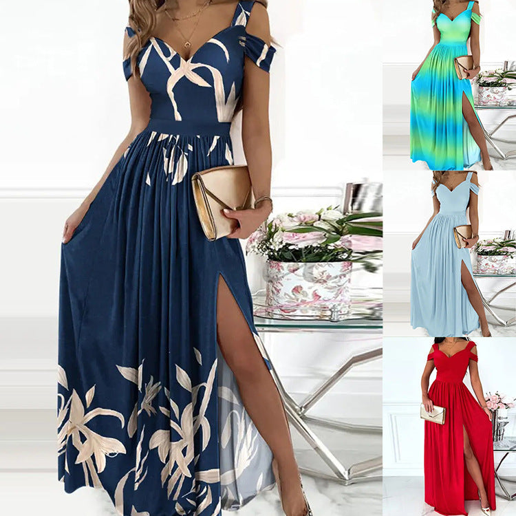 V-neck Boho Spaghetti Strap Dress - Women Split Long Flowy Dresses For Party Beach