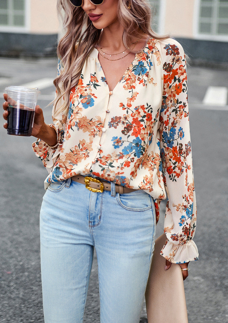 Women Floral Casual V Neck Long Sleeve Shirt - Loose Chiffon Blouses Shirts Tops