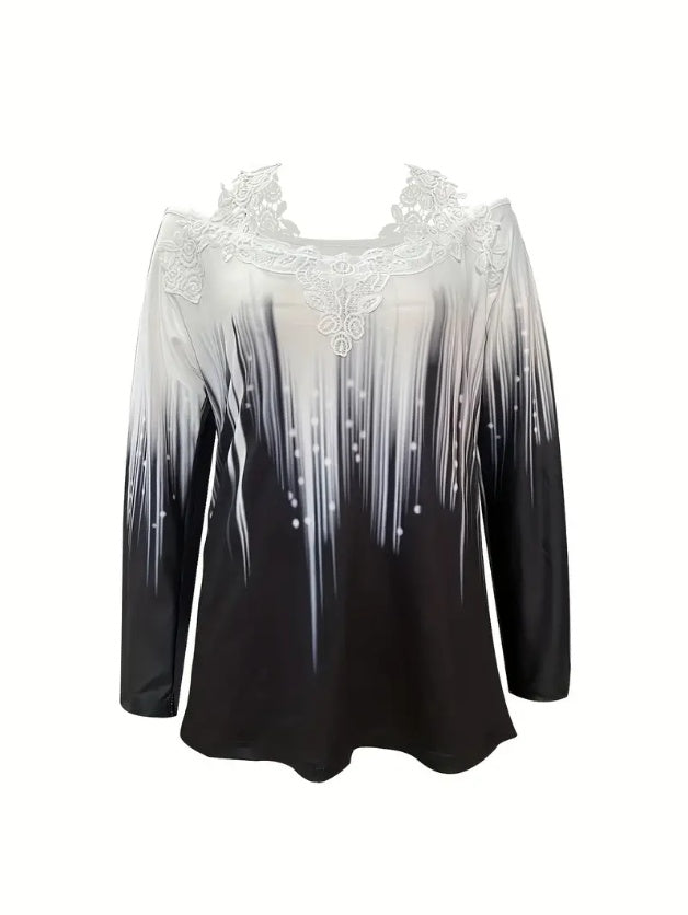 Spring And Autumn New Style Casual Gradient Color Printed Lace Edge Off-shoulder Long Sleeve Top
