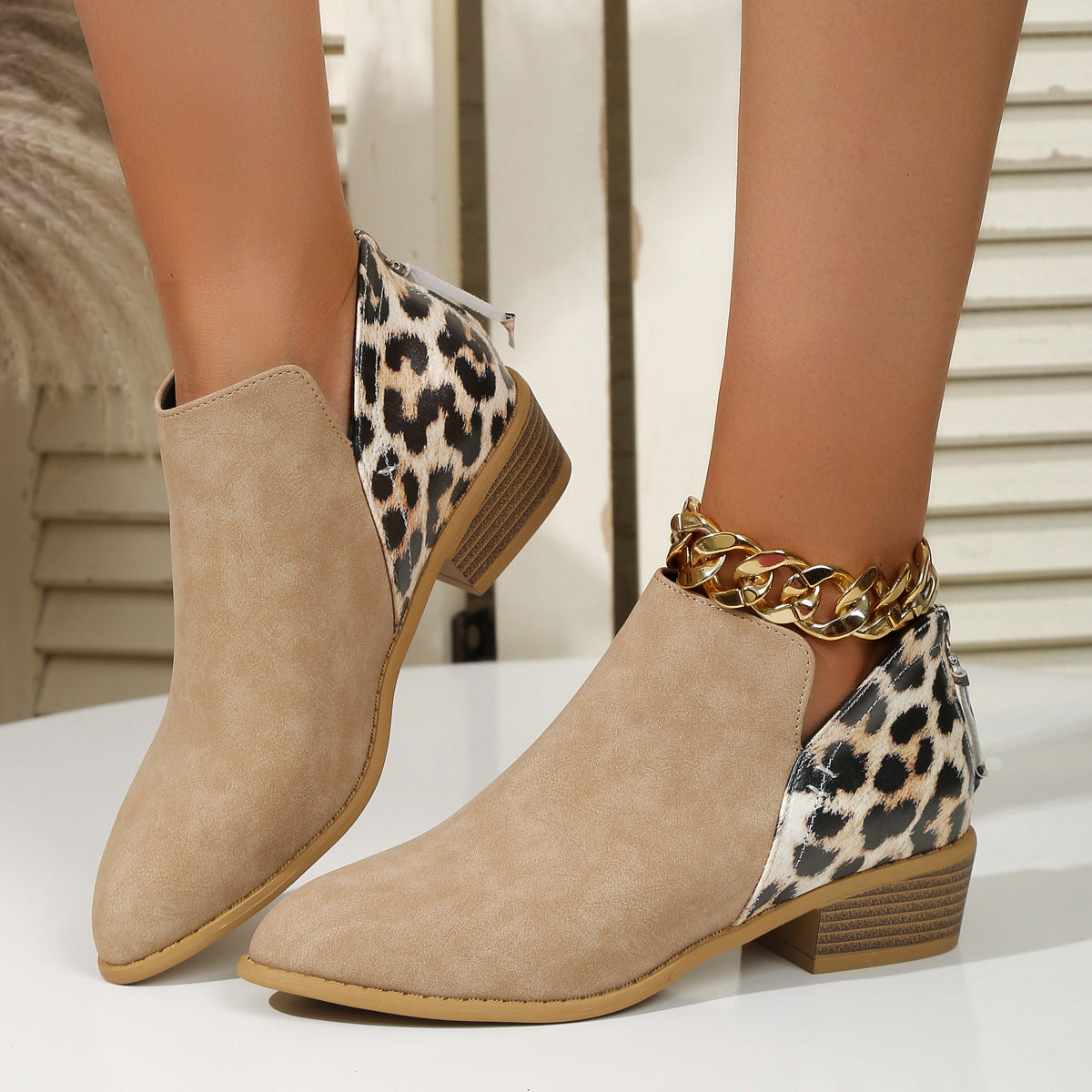 Leopard Print Boots - Women Pointed Toe Chunky Heel Back Zipper Shoes