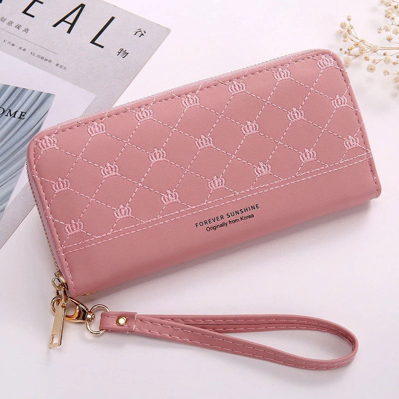 Long Crown Embroidery Thread Single Zip Clutch Women's Wallet