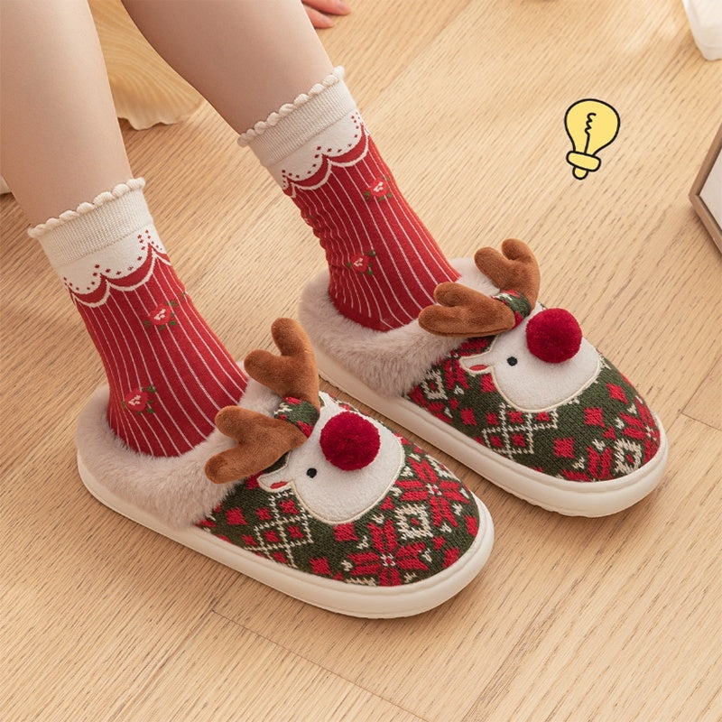 Cute Christmas Elk Plush Slippers - Winter Ins Fashion Non-slip Floor Bedroom Home Slippers For Women
