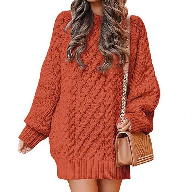 Women Round Neck Long Sleeve Twisted Knitted Sweater - Mid-length Dress Sweater