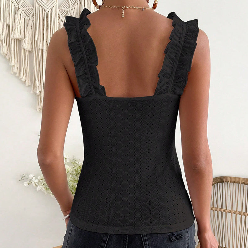 Boho Chic Square Neck Tank Top - Women Sleeveless Tank Tops Ruffle Strap Square Neck Eyelet Blouse Slim Fit