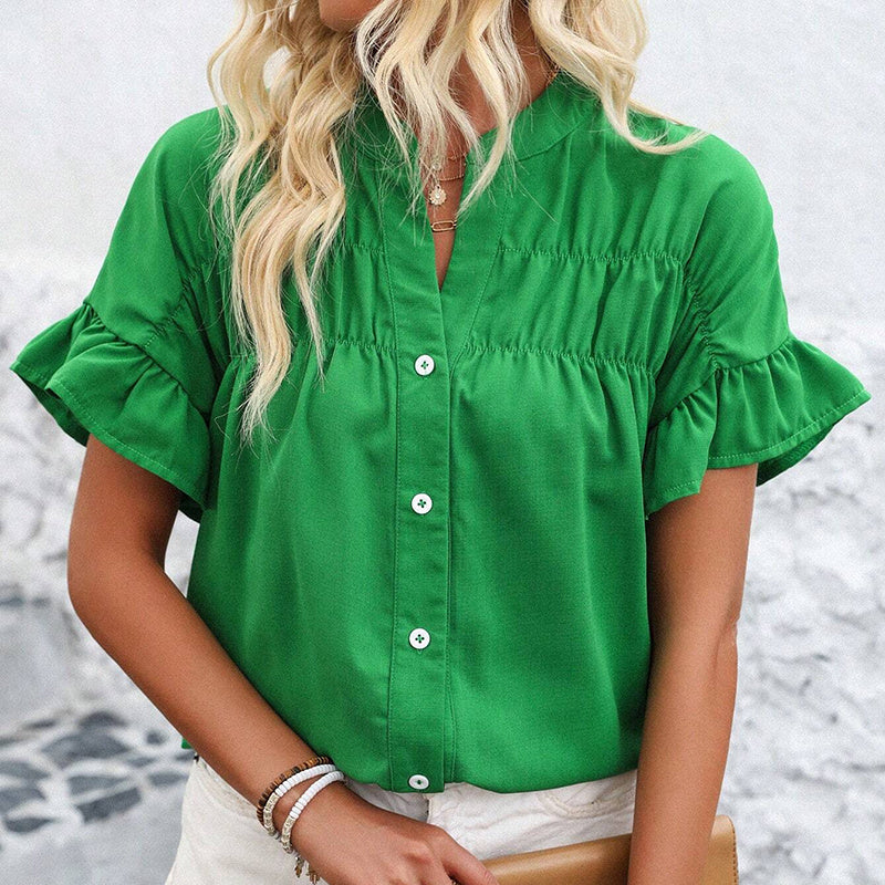 Womens Summer Ruffle Short Sleeve Button Down Shirts Dressy Casual V Neck Business Work Blouses