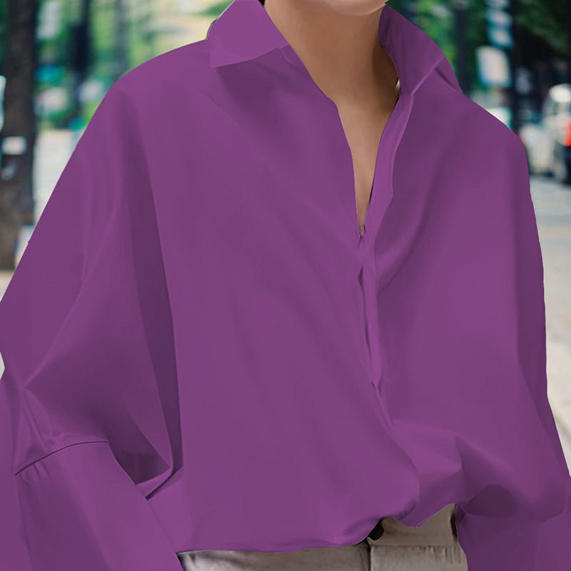 Women's Solid Color Fashion V-Neck Blouse - Puff Sleeve Button-Down Long-sleeved Shirts For Spring & Fall