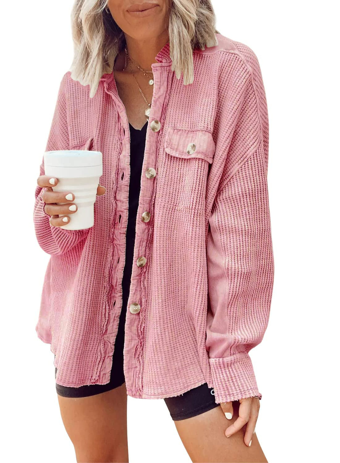 Women Button Shirt Jacket - Lapel Long Sleeve Fashion Jacket