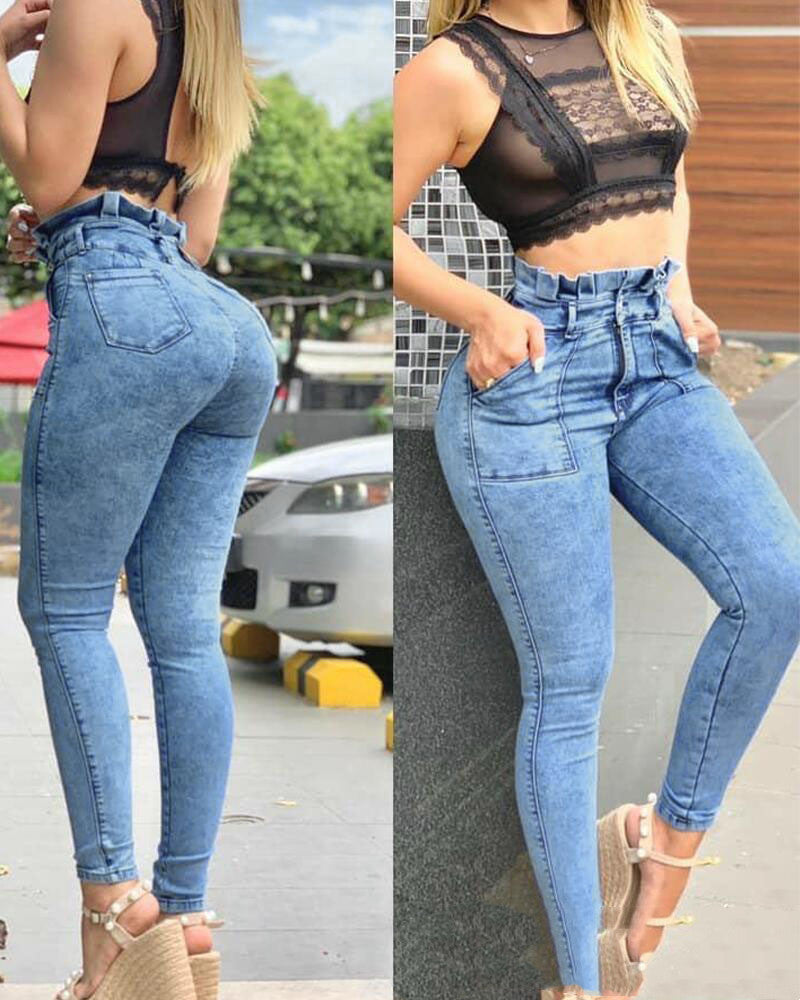 Stylish Women's Skinny Jeans With Wood Ears