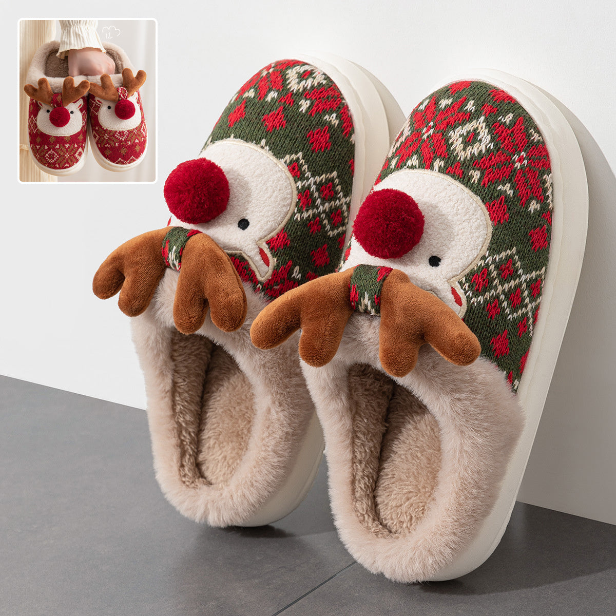 Cute Christmas Elk Plush Slippers - Winter Ins Fashion Non-slip Floor Bedroom Home Slippers For Women