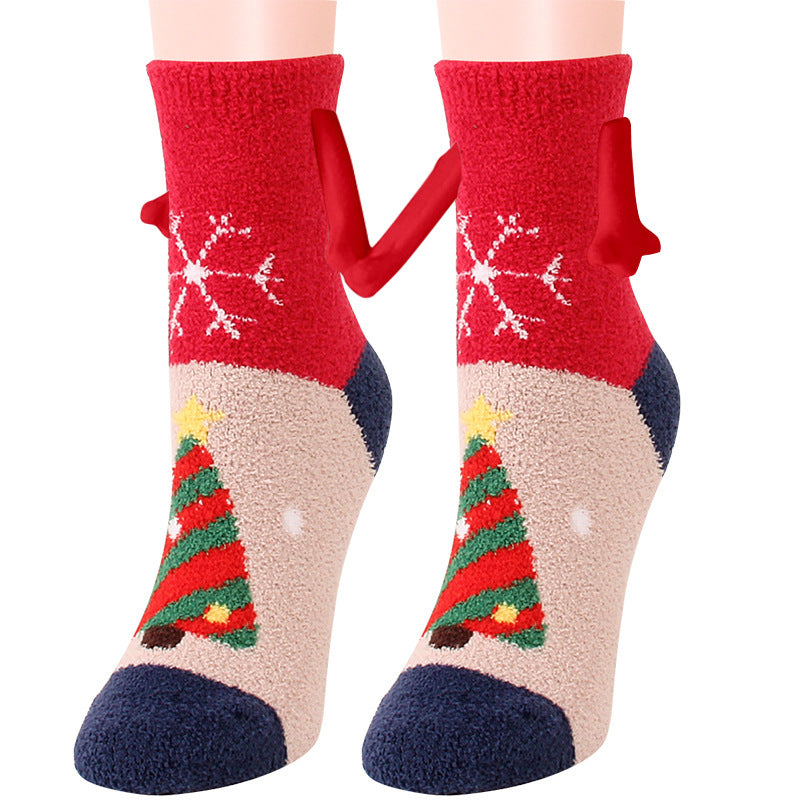 Christmas Supplies Magnetic Suction Hand In Hand Couple Socks - Coral Fleece Tube Socks Warm Slipper Bed Socks Winter Soft Warm Slipper