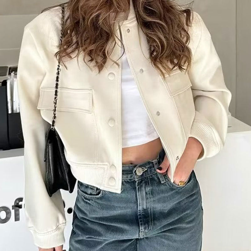 Stylish Stand-Collar Jacket – Trendy, Loose-Fit with Big Pockets!  Fashion Button Stand-collar Jacket With Big Pockets Casual Loose Short Outwear Tops Coat For Women Clothing - JumoShop