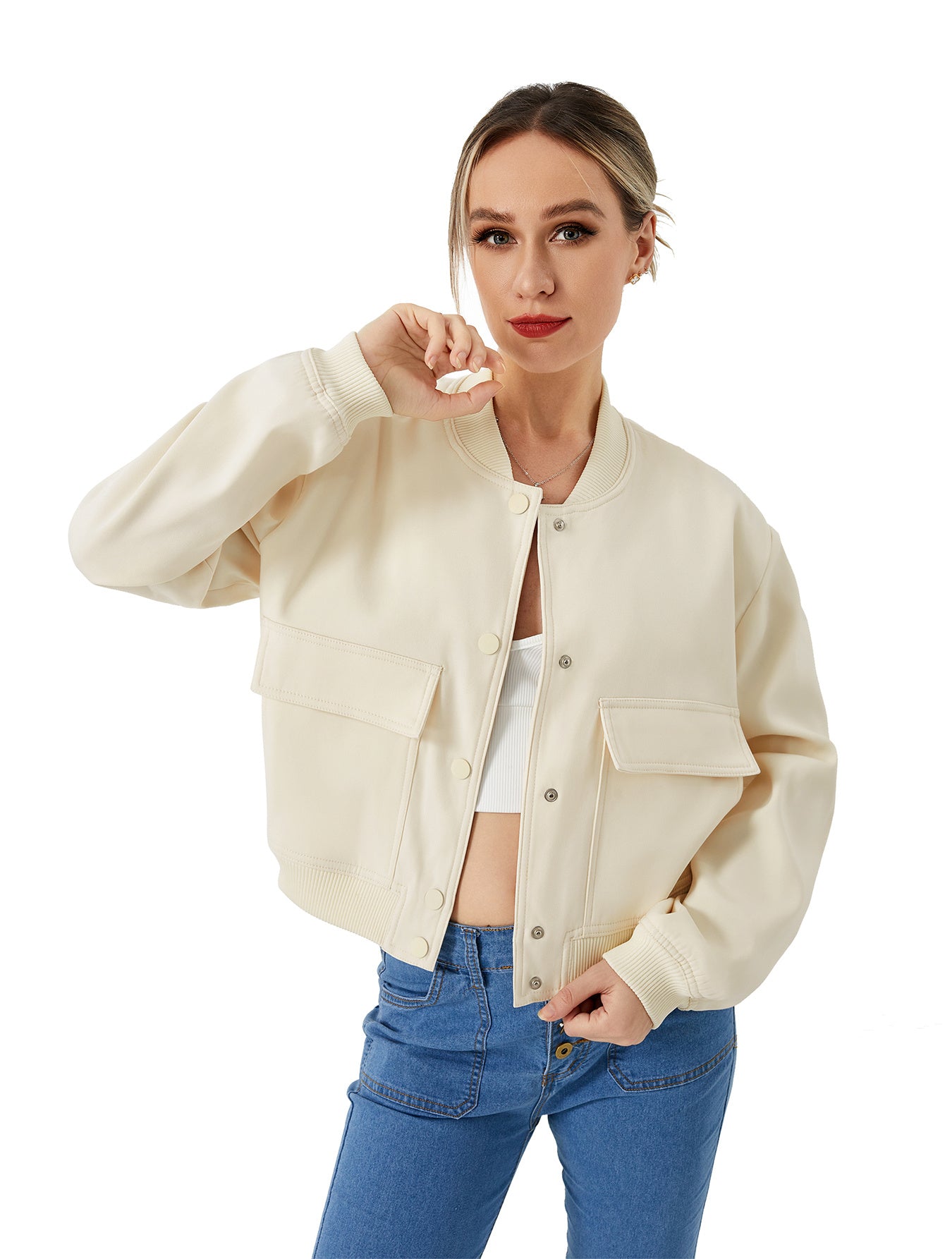 Lightweight Cropped Bomber Jacket - Casual Long Sleeve Varsity Jacket With Pocket Fashion Y2k Jacket Streetwear