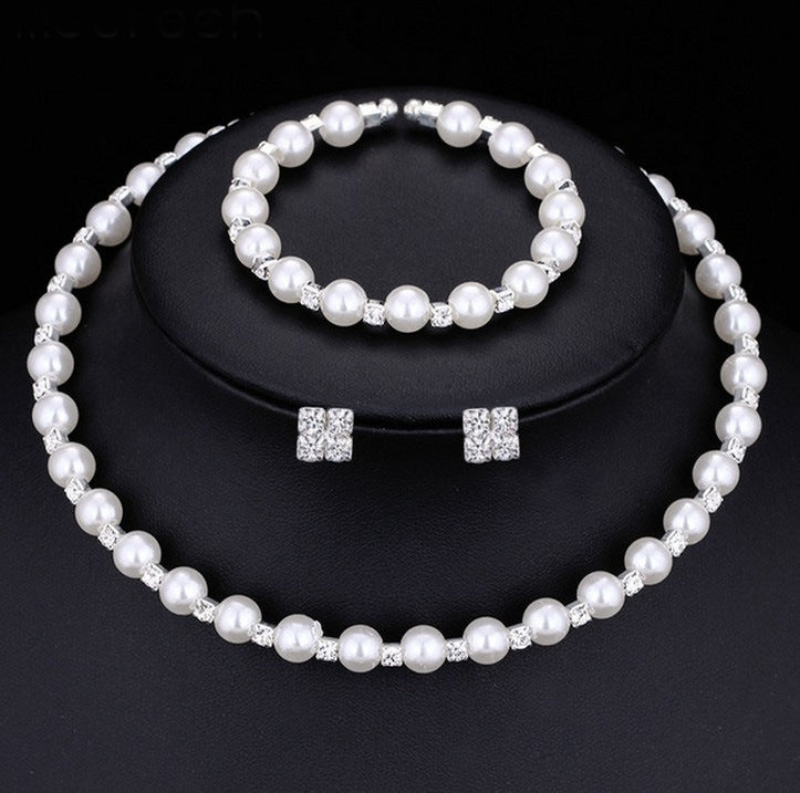 Handmade Pearl & Rhinestone Bridal Jewelry Set – Necklace, Earrings & Bracelet | Wedding Accessories