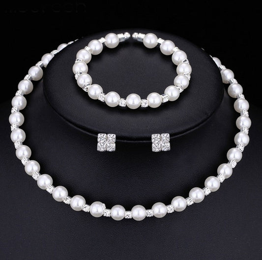 Handmade Pearl & Rhinestone Bridal Jewelry Set – Necklace, Earrings & Bracelet | Wedding Accessories