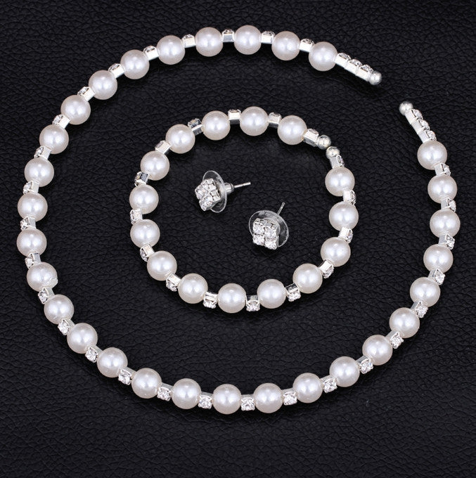 Handmade Pearl & Rhinestone Bridal Jewelry Set – Necklace, Earrings & Bracelet | Wedding Accessories