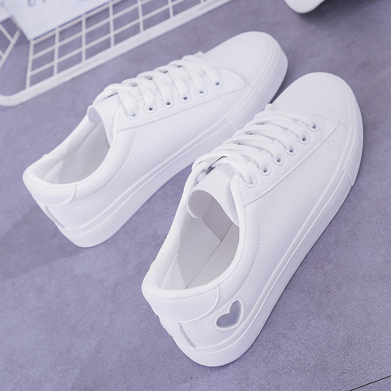 Women Leather Shoes - Ladies Breathable Cute Heart Flats Casual Shoes White Sneakers