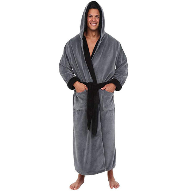 Men BathRobe Flannel Hooded - Thick Casual Winter