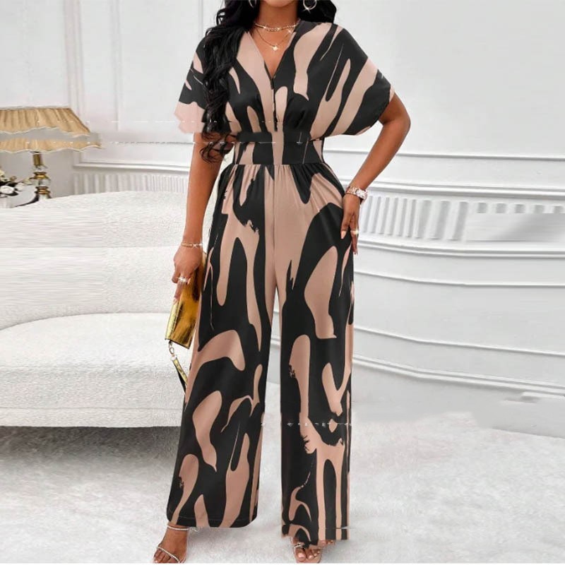 V-neck Loose Printed Long Jumpsuit - JumoShop