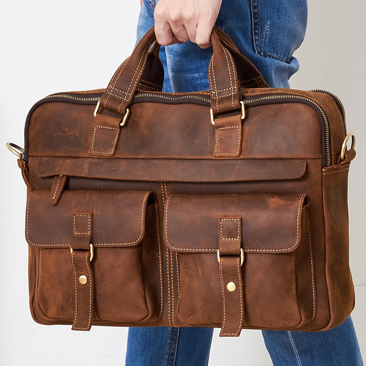 15.6 inch Laptop Bag - Genuine men''s bags retro men''s business bags briefcase cowhide oblique Bag