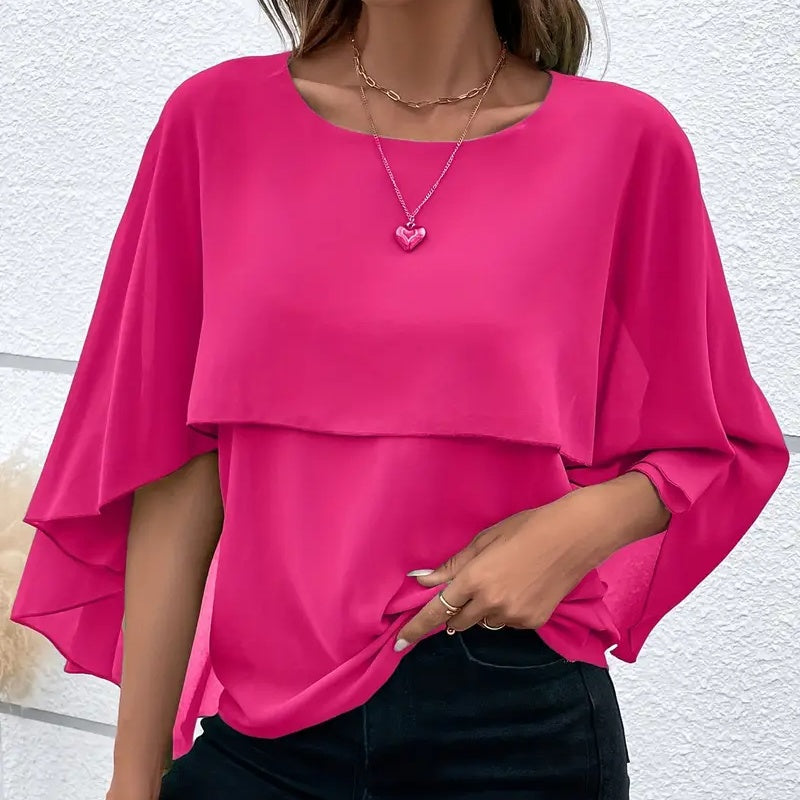 Women's Summer Chiffon Blouse - Casual Scoop Neck Cape Sleeve Tunic Tops Shirts