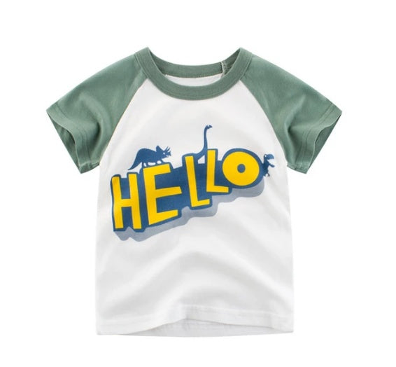Trendy Summer Boys’ T-Shirt – Hello Dino Cotton Tee ☀️ Children's Wear Summer New Korean Children's Boys Cotton T-shirt Men's Treasure In Children's Short Sleeves - JumoShop
