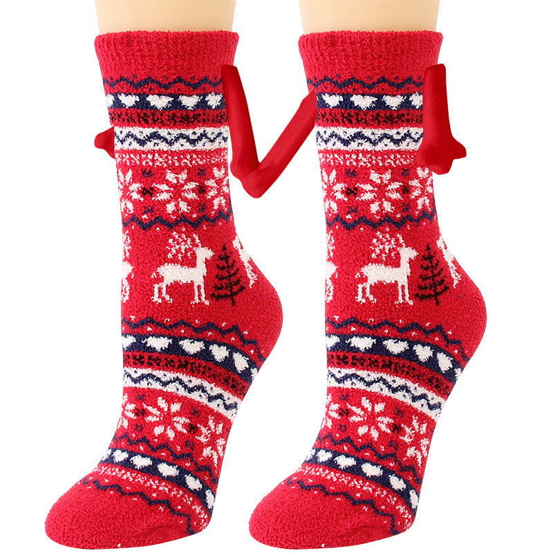 Christmas Supplies Magnetic Suction Hand In Hand Couple Socks - Coral Fleece Tube Socks Warm Slipper Bed Socks Winter Soft Warm Slipper
