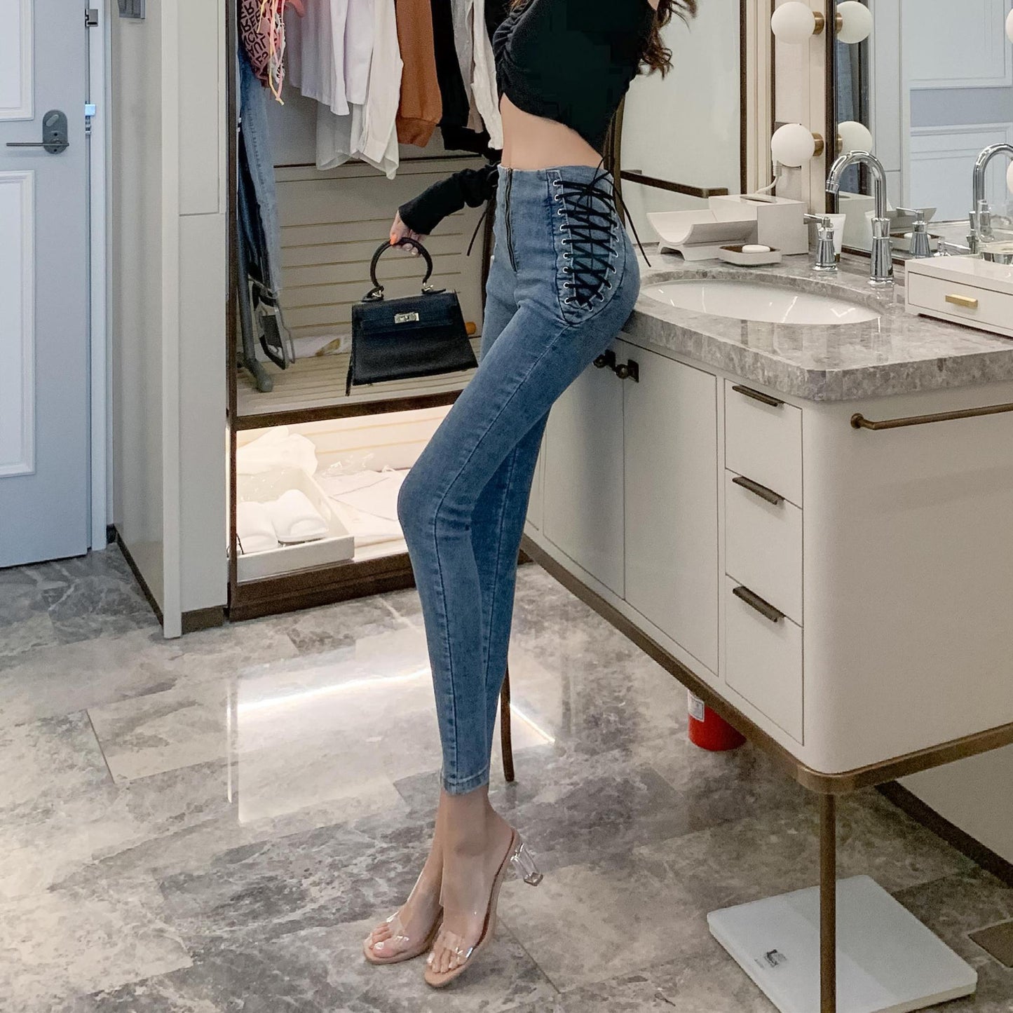 High Waist Skinny Cropped Pencil Jeans