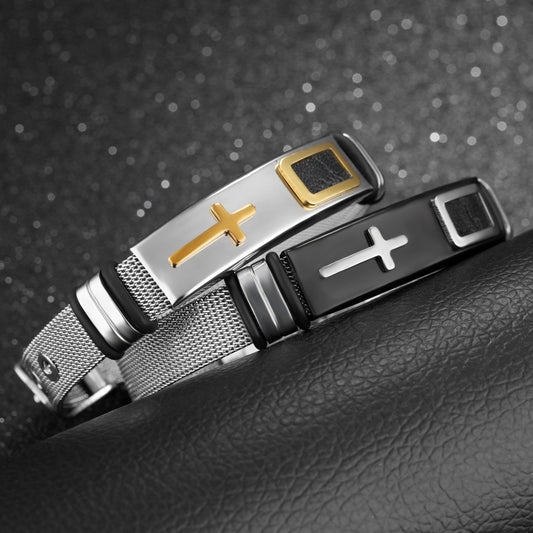 Steel Mesh Bracelet-  Gold Cross Titanium Steel Men's Personality Bracelet