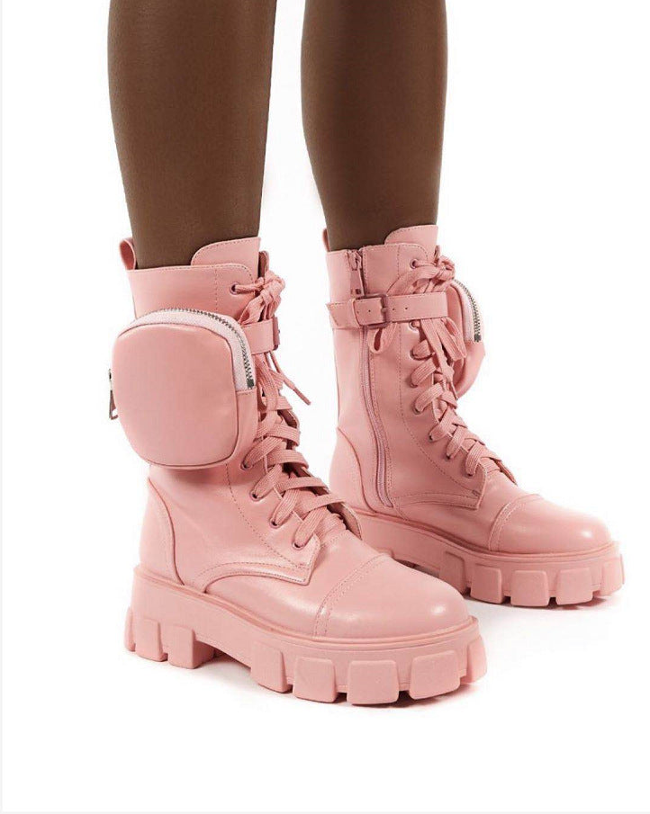 Thick-soled boots with a strappy purse