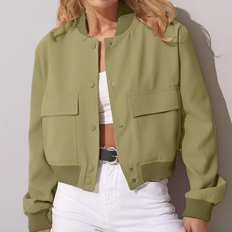 Stylish Stand-Collar Jacket – Trendy, Loose-Fit with Big Pockets!  Fashion Button Stand-collar Jacket With Big Pockets Casual Loose Short Outwear Tops Coat For Women Clothing - JumoShop