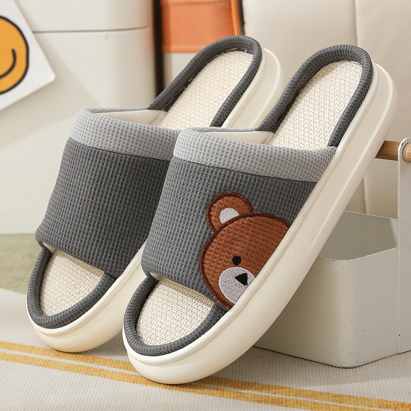Cute Cartoon Bear Linen Slippers For Women -- Indoor Non-slip Sweat-absorbent Breathable Slip On Floor Bedroom Slipper House Shoes