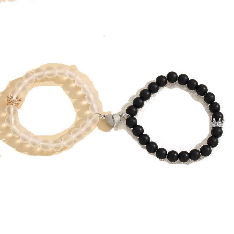 2pcs Handmade Crown Beaded Charms Bracelet - Luminous Heart Glow In The Dark Couple Bracelet For Lover Men Women Fluorescent Gift