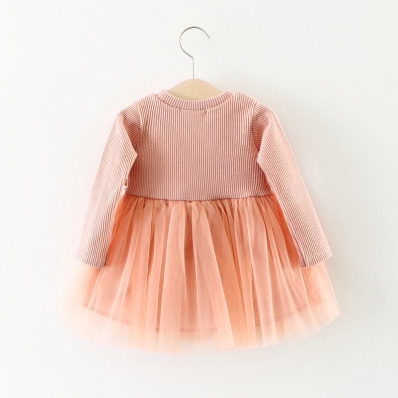 Warm Long Sleeve Sweater Tulle Dress with Waist Flower - Princess dress baby skirt