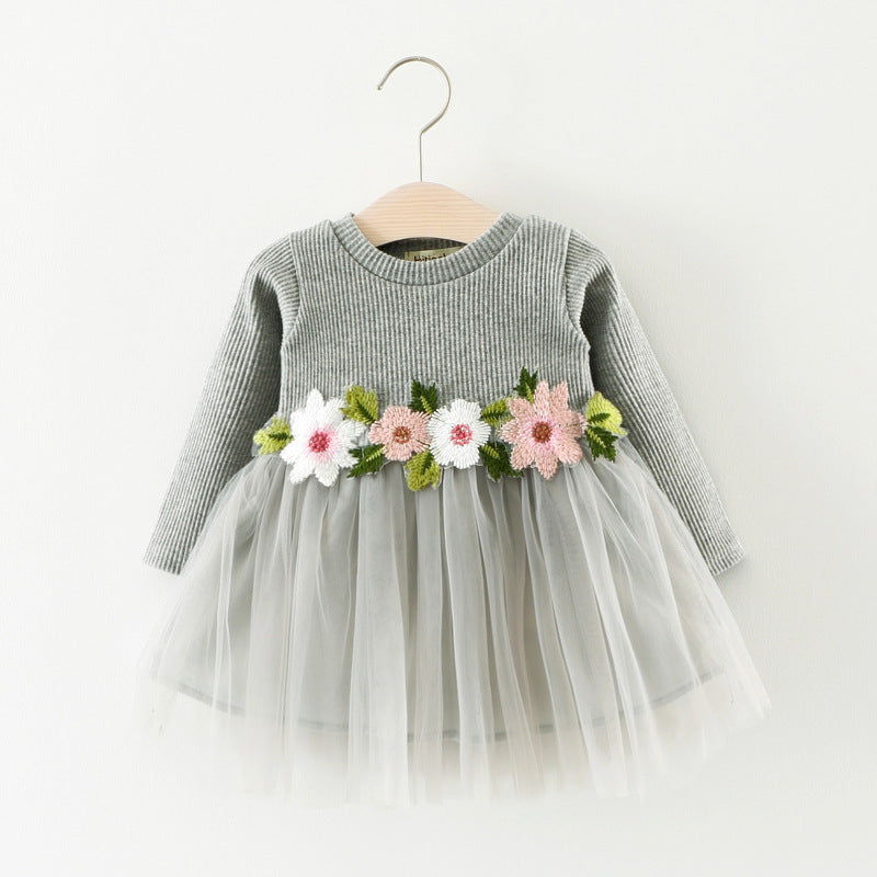 Warm Long Sleeve Sweater Tulle Dress with Waist Flower - Princess dress baby skirt