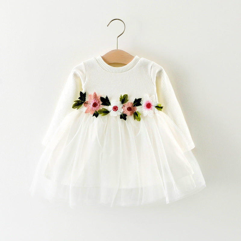 Warm Long Sleeve Sweater Tulle Dress with Waist Flower - Princess dress baby skirt