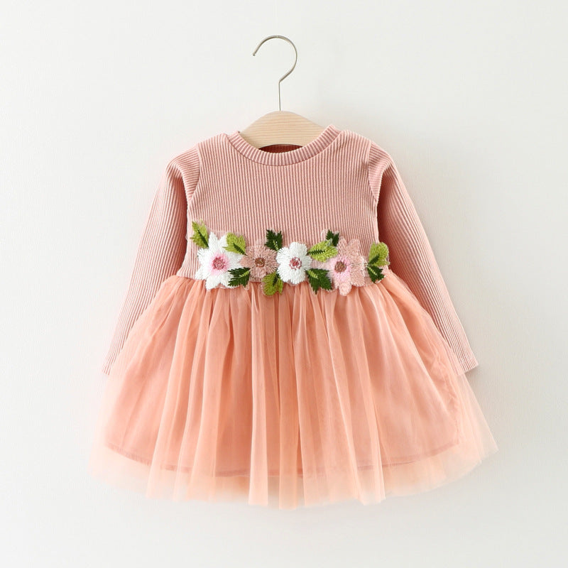 Warm Long Sleeve Sweater Tulle Dress with Waist Flower - Princess dress baby skirt