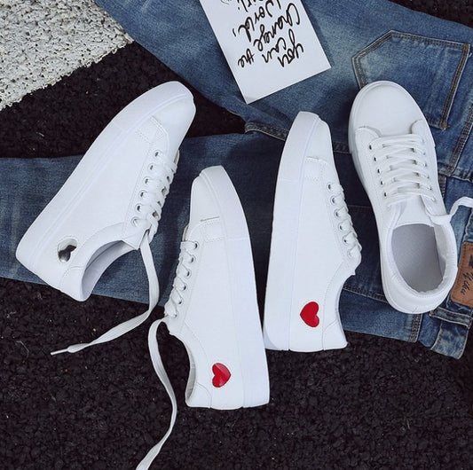 Women Leather Shoes - Ladies Breathable Cute Heart Flats Casual Shoes White Sneakers