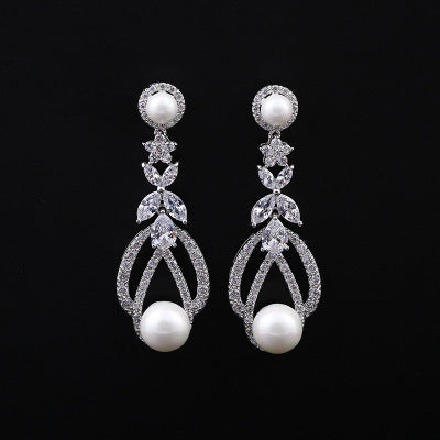 Zircon pierced pearl 925 silver white gold - zircon earrings pearl earrings