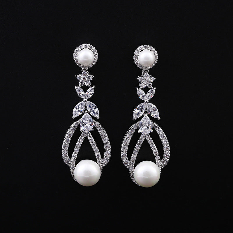 Zircon pierced pearl 925 silver white gold - zircon earrings pearl earrings