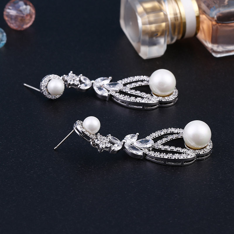 Zircon pierced pearl 925 silver white gold - zircon earrings pearl earrings