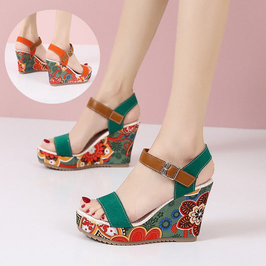 Fashion Flowers Embroidered High Wedge Sandals For Women - Summer Toe Platform Buckle Shoes