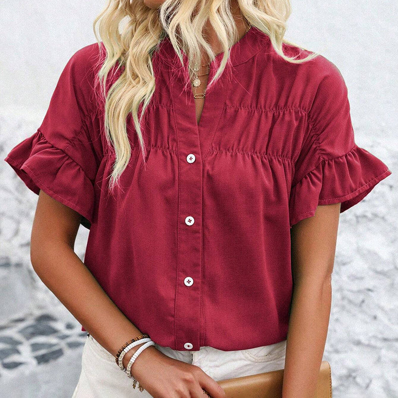 Womens Summer Ruffle Short Sleeve Button Down Shirts Dressy Casual V Neck Business Work Blouses
