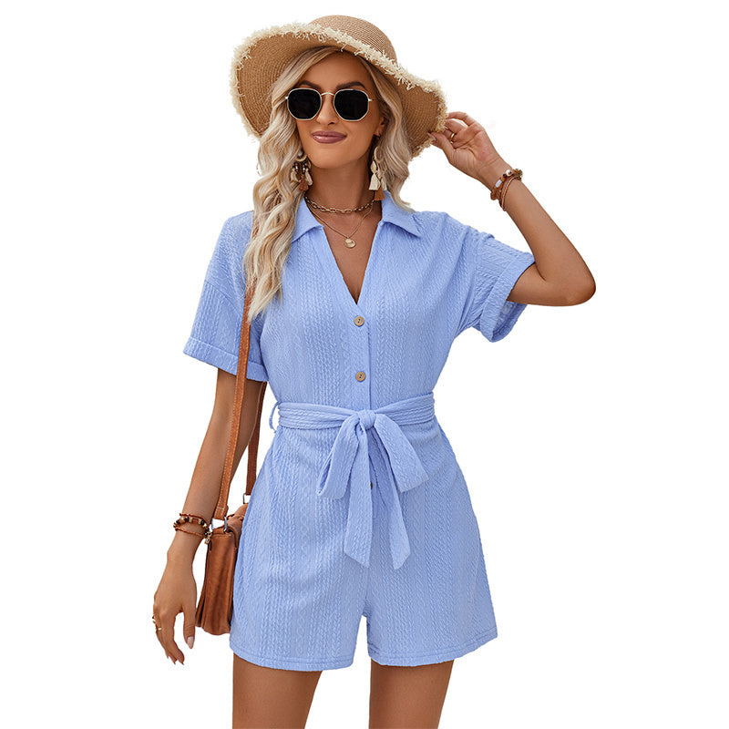 Women's Short-sleeved Jumpsuit - Lace-up Turn-down Collar Solid Color Romper Clothing Summer