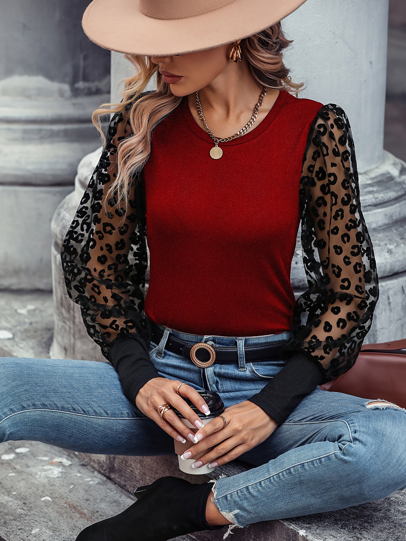Slim-fit Color Matching Long-sleeved Top