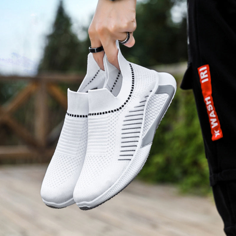 Fashion Mesh Sock Shoes With Striped Design - Men's Outdoor Breathable Slip-on Sneakers