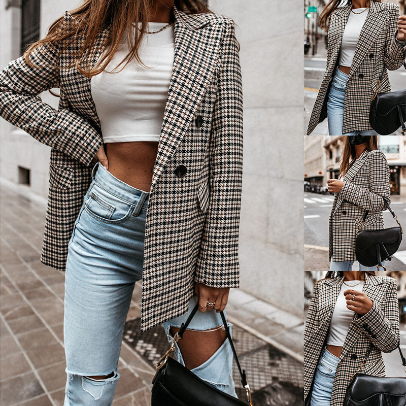 Women Winter Plaid Long Suit Jacket